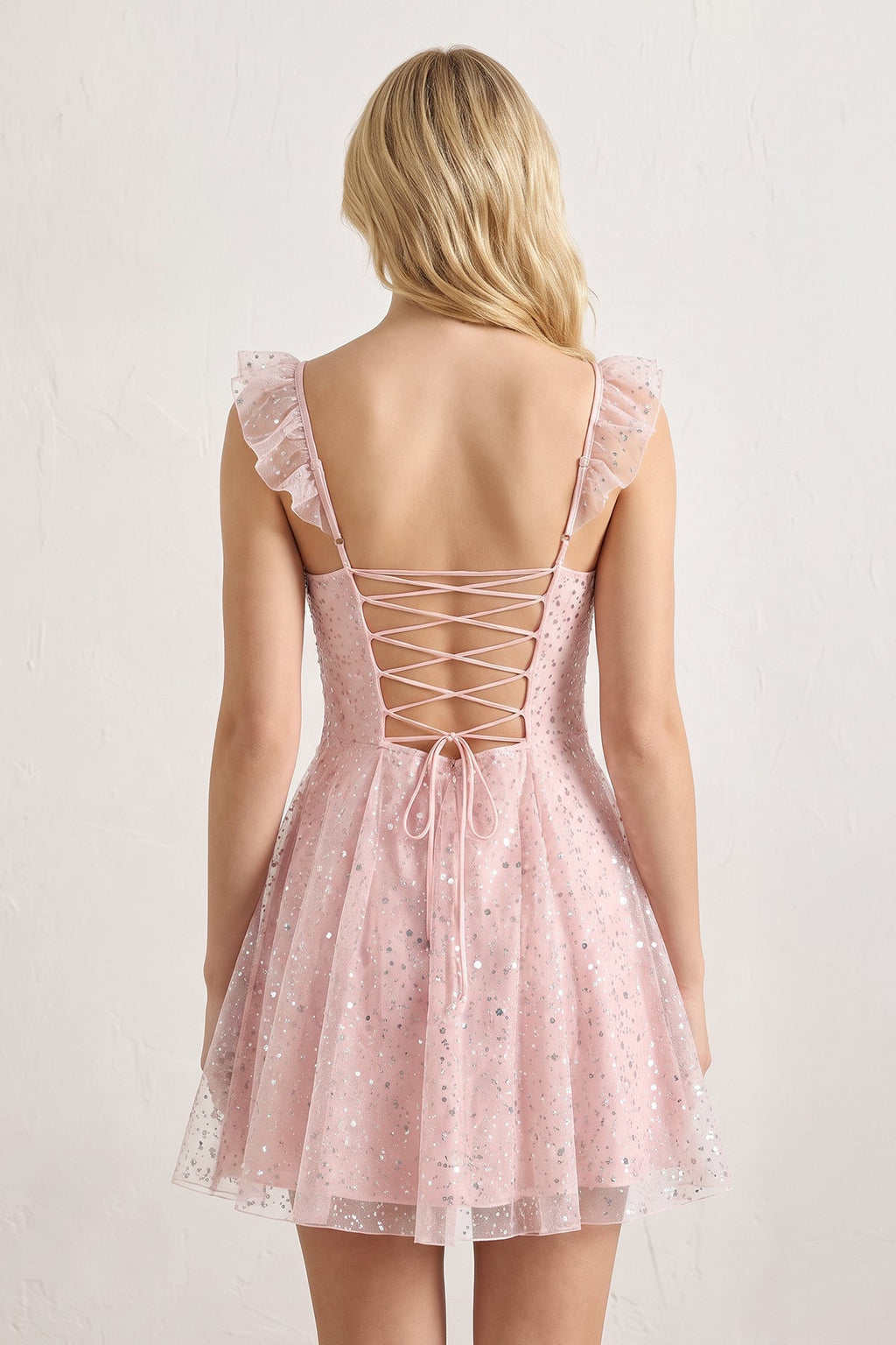 Sparkly Pink A-Line Sequined Homecoming Dress With Flutter Sleeves