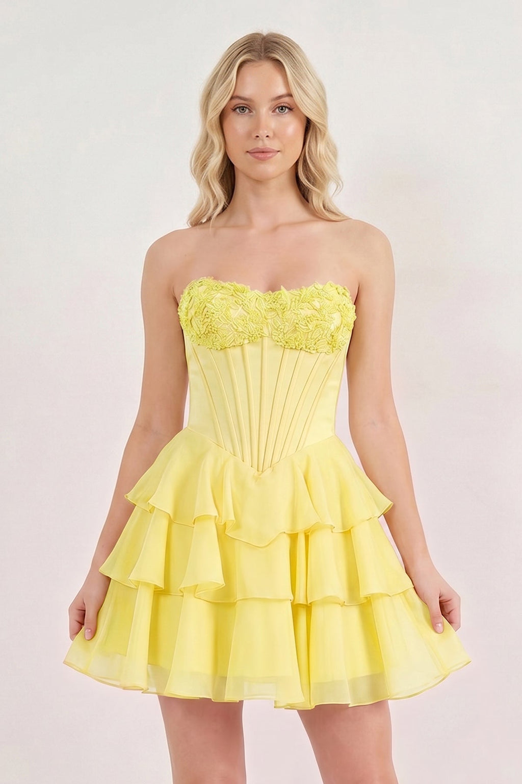 Pink Strapless Tiered A-Line Ruffled Chiffon Appliqued Homecoming Dress