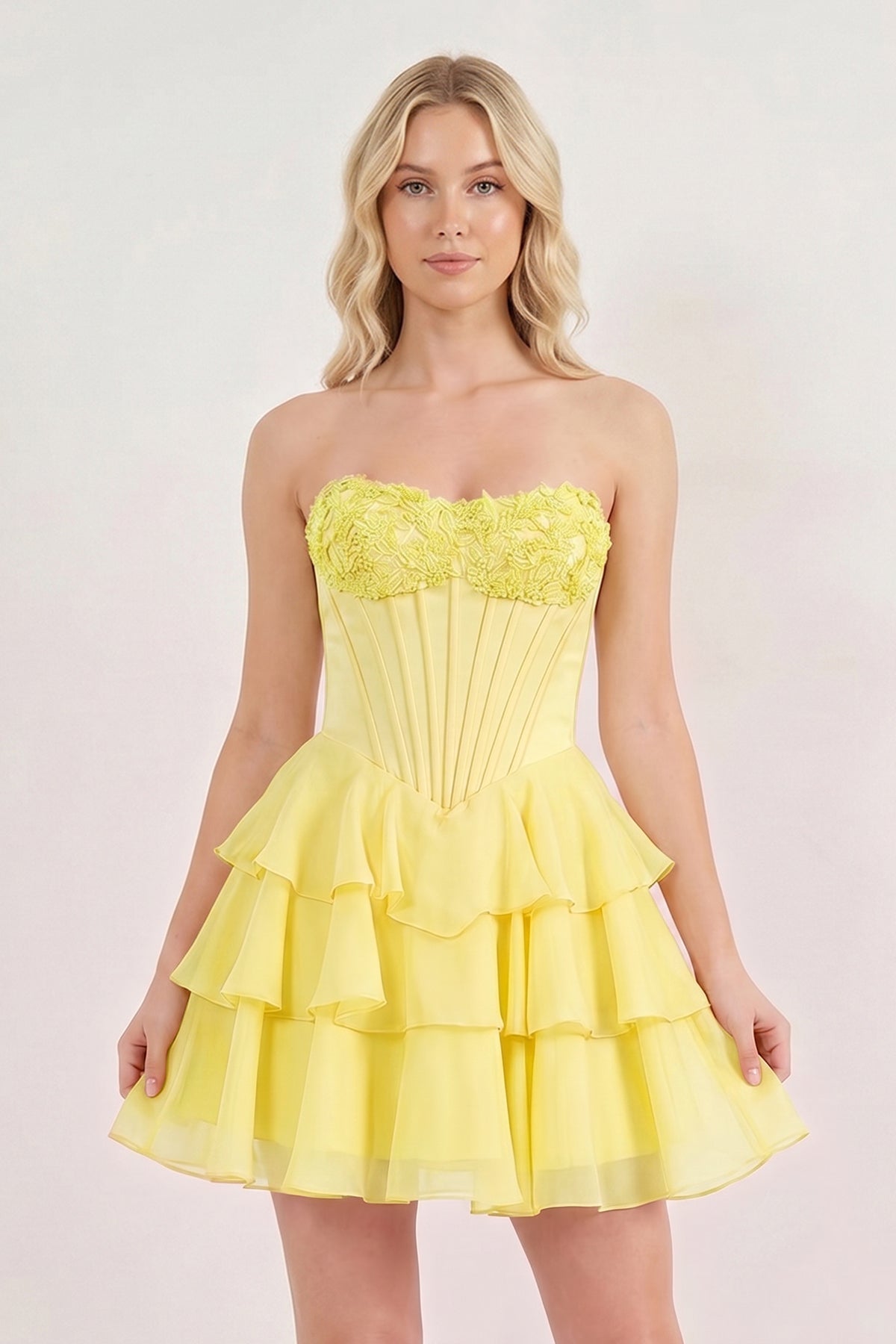 Pink Strapless Tiered A-Line Ruffled Chiffon Appliqued Homecoming Dress