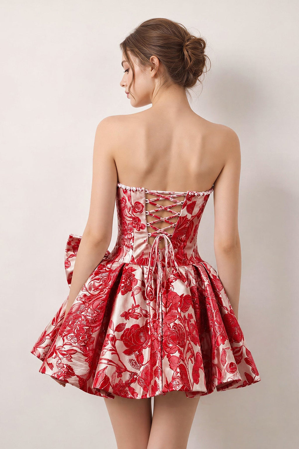 Blue Flower Jacquard Strapless A-Line Bowknot Homecoming Dress With Pearl