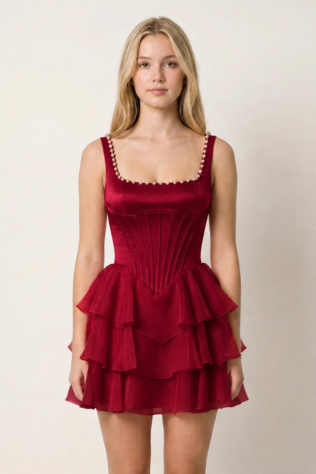 Rose Pink Square Neck Tiered A-Line Corset Satin Homecoming Dress With Pearl