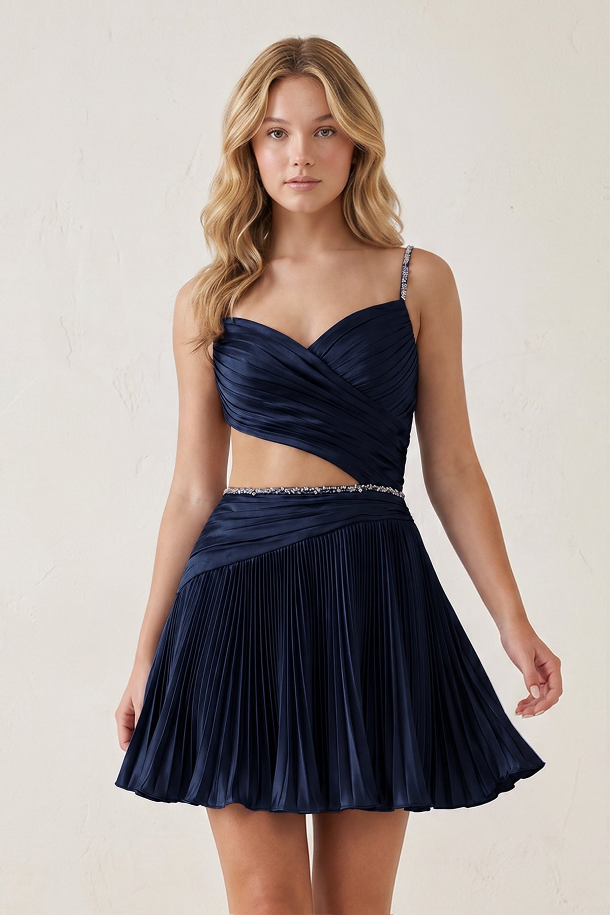 Royal Blue Spaghetti Straps Cut-Out Pleated A-Line Satin Homecoming Dress with Beading