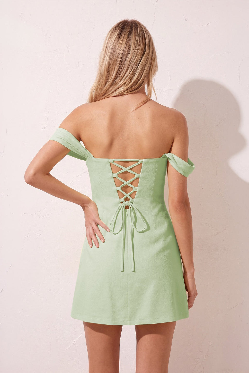 Yellow Off the Shoulder Linen Sheath Homecoming Dress with Lace Up Back