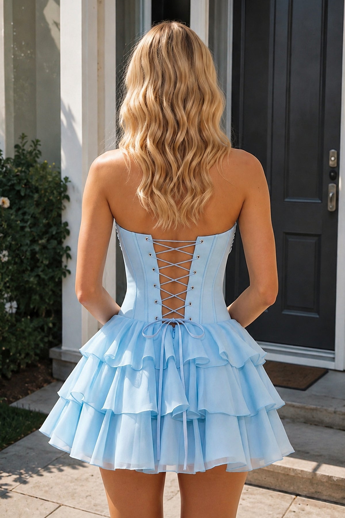 Sky Blue 3D-Flower Sweetheart Cut-Out Ruffled A-Line Satin Homecoming Dress