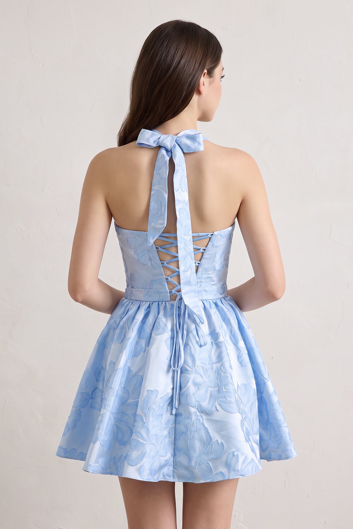 Yellow Halter Jacquard Ruched A-Line Homecoming Dress