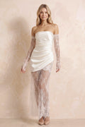 Strapless Satin Lace Ruched Wedding Dress in White