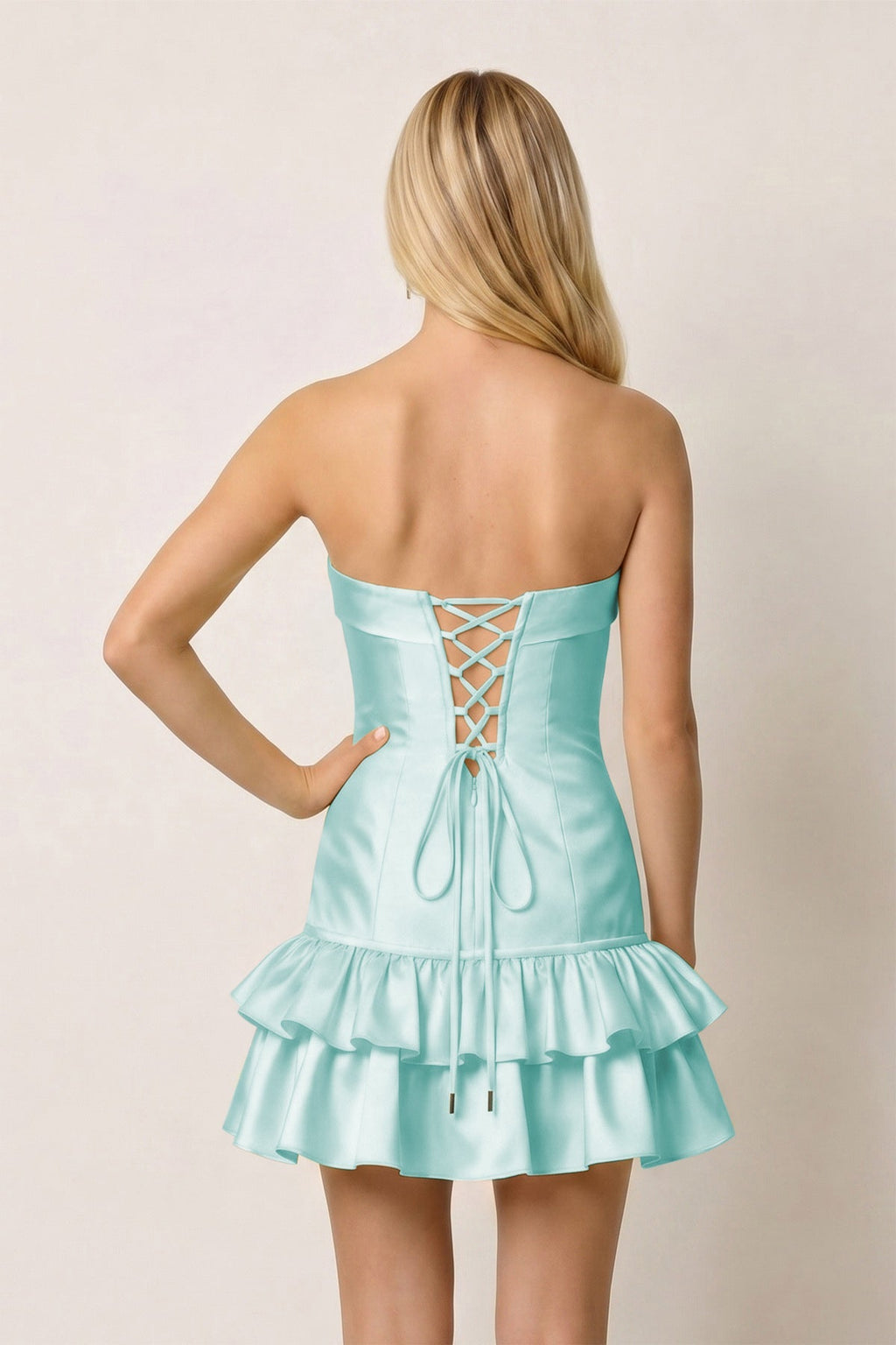 Turquoise Ruffled Strapless Tiered A-Line Satin Homecoming Dress