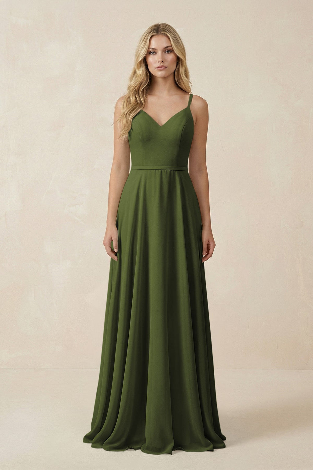 V-Neck A-Line Chiffon Bridesmaid Dress with Crisscross Back in Olive