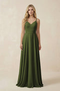 V-Neck A-Line Chiffon Bridesmaid Dress with Crisscross Back in Olive
