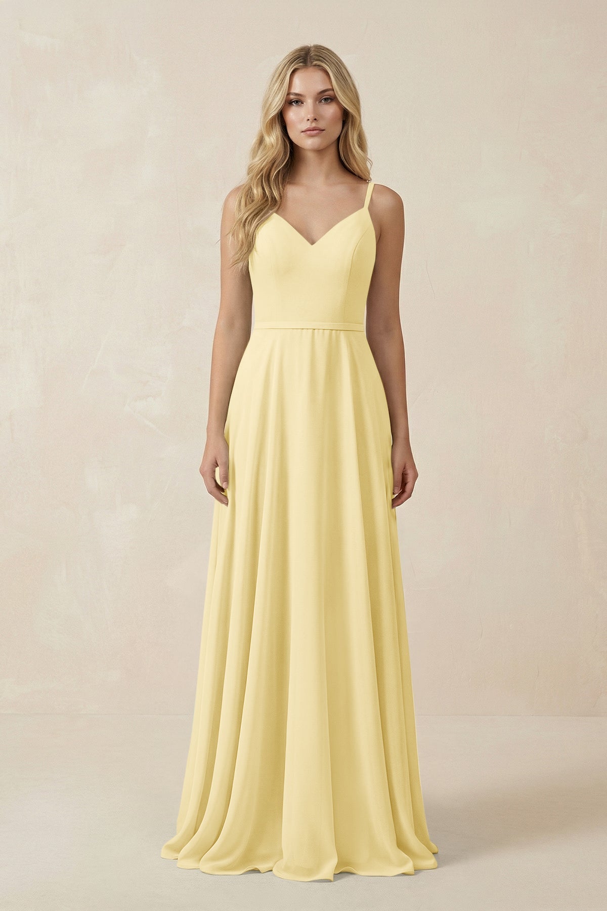 V-Neck A-Line Chiffon Bridesmaid Dress with Crisscross Back in Pastel Yellow