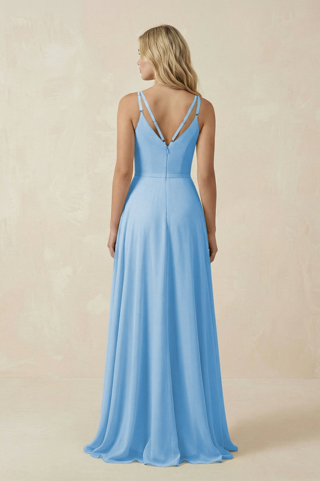 V-Neck A-Line Chiffon Bridesmaid Dress with Crisscross Back in Steel Blue