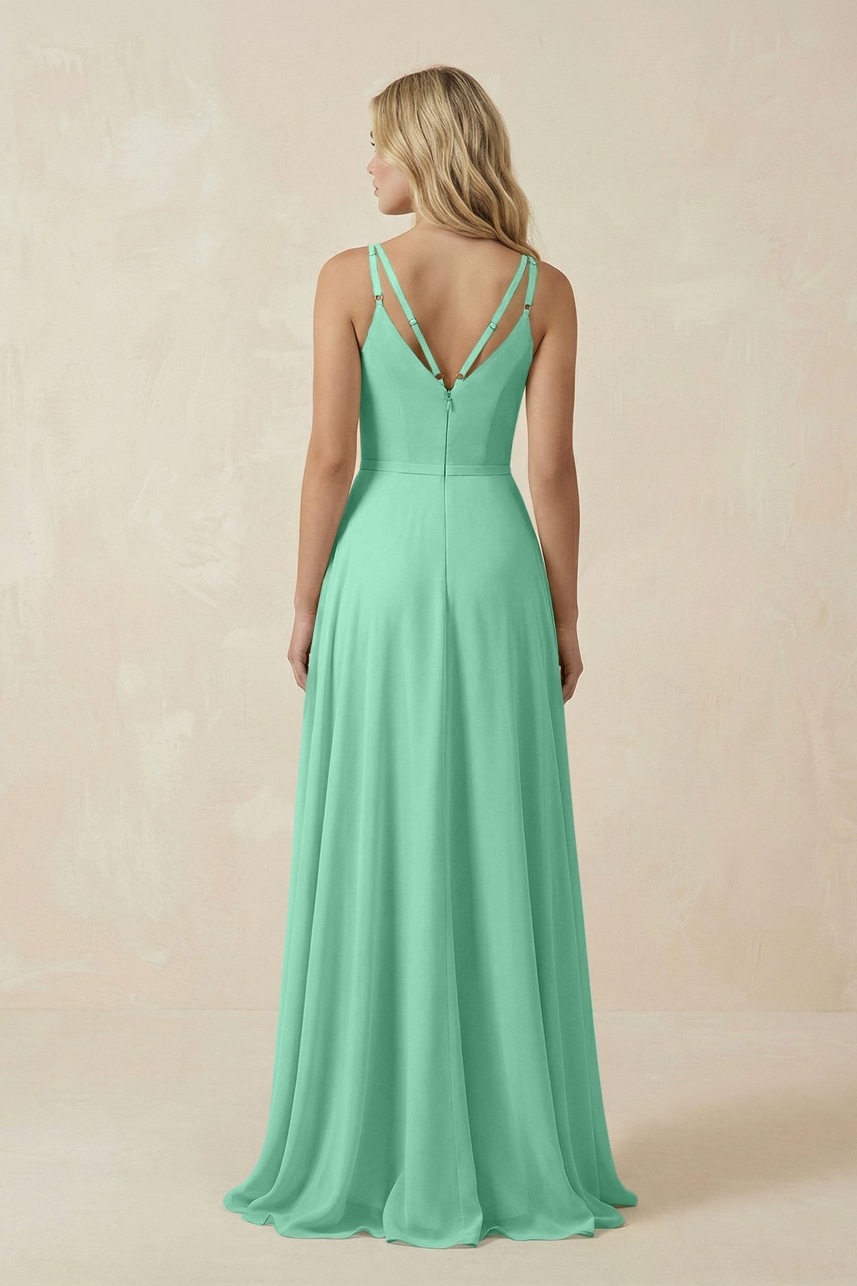 V-Neck A-Line Chiffon Bridesmaid Dress with Crisscross Back in Turquoise