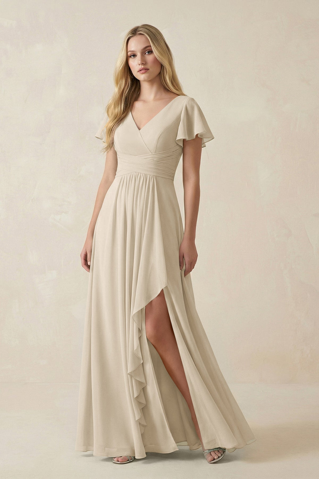 V-Neck Flutter Sleeve A-Line Chiffon Bridesmaid Dress in Champagne