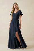 V-Neck Flutter Sleeve A-Line Chiffon Bridesmaid Dress in Dark Navy