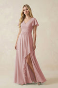 V-Neck Flutter Sleeve A-Line Chiffon Bridesmaid Dress in Dusty Rose