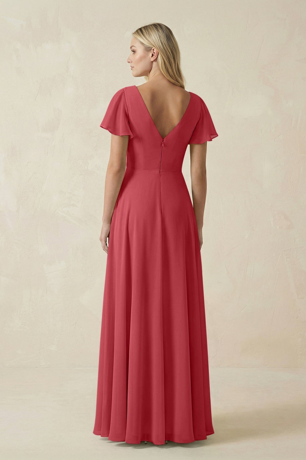 V-Neck Flutter Sleeve A-Line Chiffon Bridesmaid Dress in Merlot