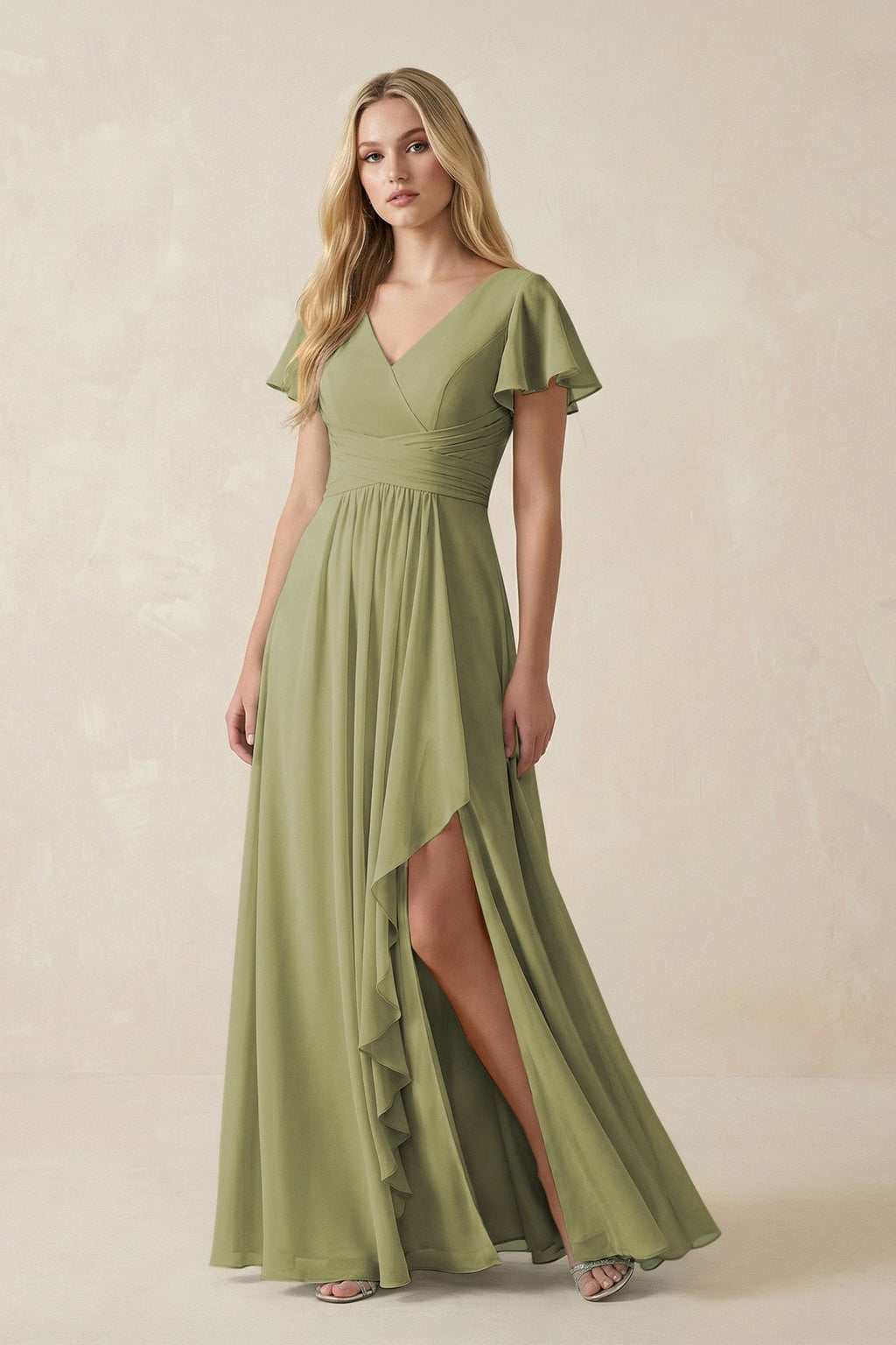 V-Neck Flutter Sleeve A-Line Chiffon Bridesmaid Dress in Moss Green
