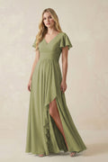 V-Neck Flutter Sleeve A-Line Chiffon Bridesmaid Dress in Moss Green