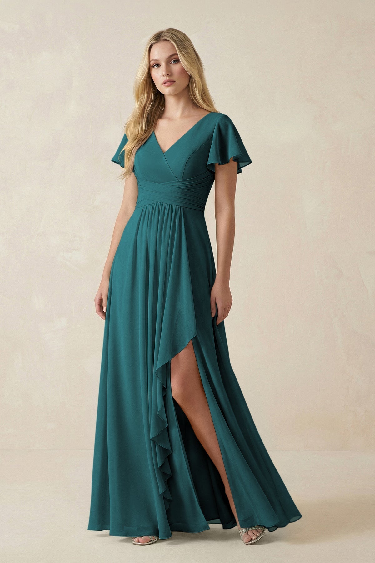 V-Neck Flutter Sleeve A-Line Chiffon Bridesmaid Dress in Pine