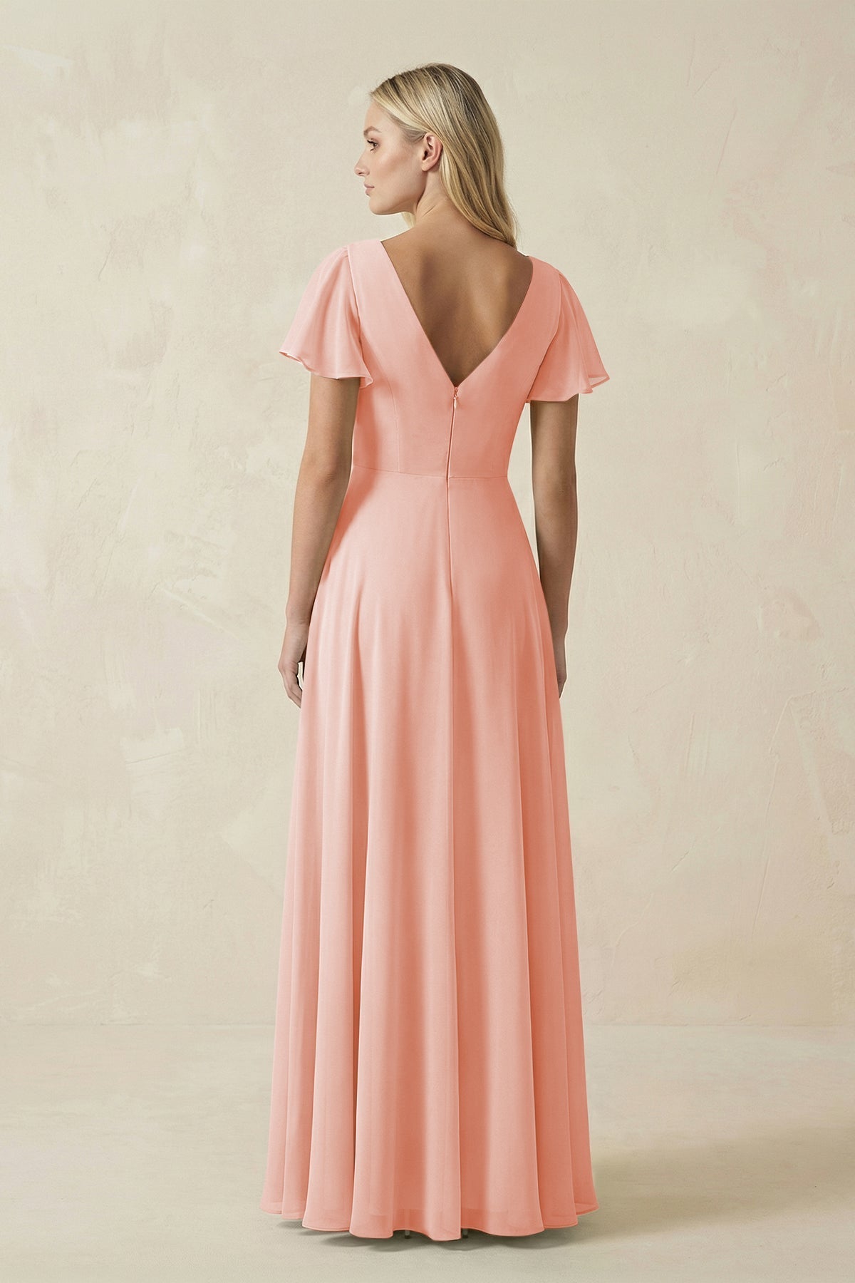 V-Neck Flutter Sleeve A-Line Chiffon Bridesmaid Dress in Rose Petal