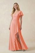 V-Neck Flutter Sleeve A-Line Chiffon Bridesmaid Dress in Rosette
