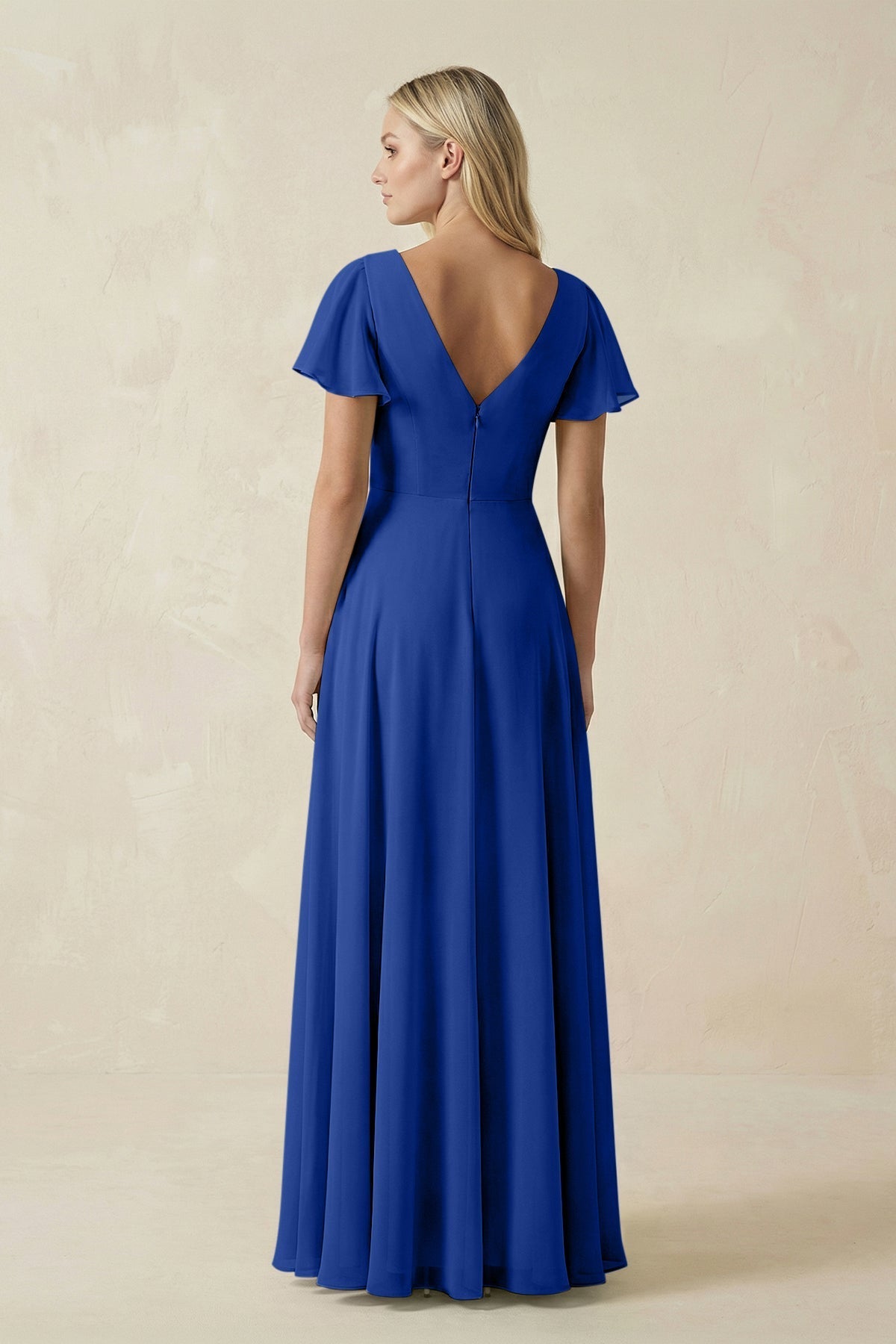 V-Neck Flutter Sleeve A-Line Chiffon Bridesmaid Dress in Royal Blue