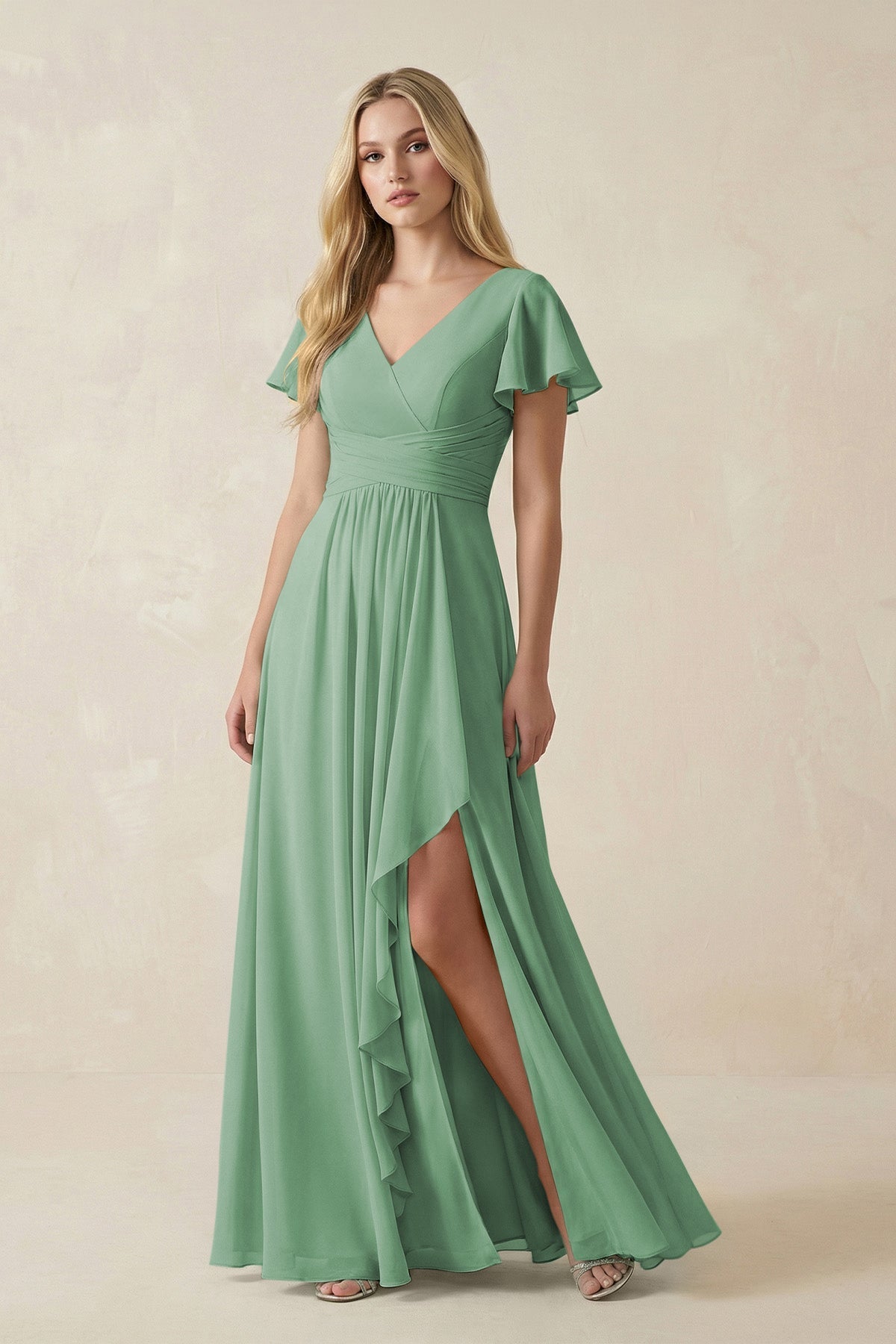 V-Neck Flutter Sleeve A-Line Chiffon Bridesmaid Dress in Sea Glass