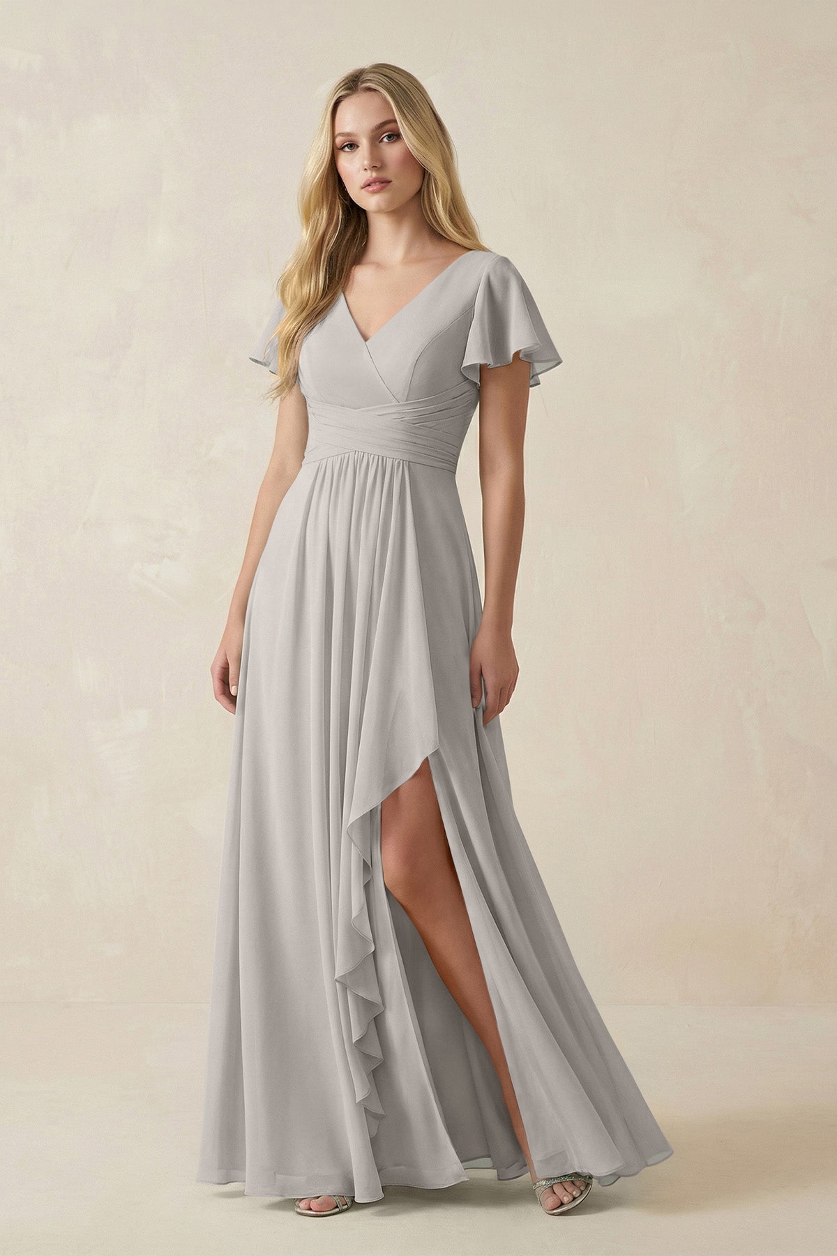 V-Neck Flutter Sleeve A-Line Chiffon Bridesmaid Dress in Silver