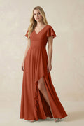 V-Neck Flutter Sleeve A-Line Chiffon Bridesmaid Dress in Spice
