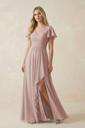 V-Neck Flutter Sleeve A-Line Chiffon Bridesmaid Dress in Toffee