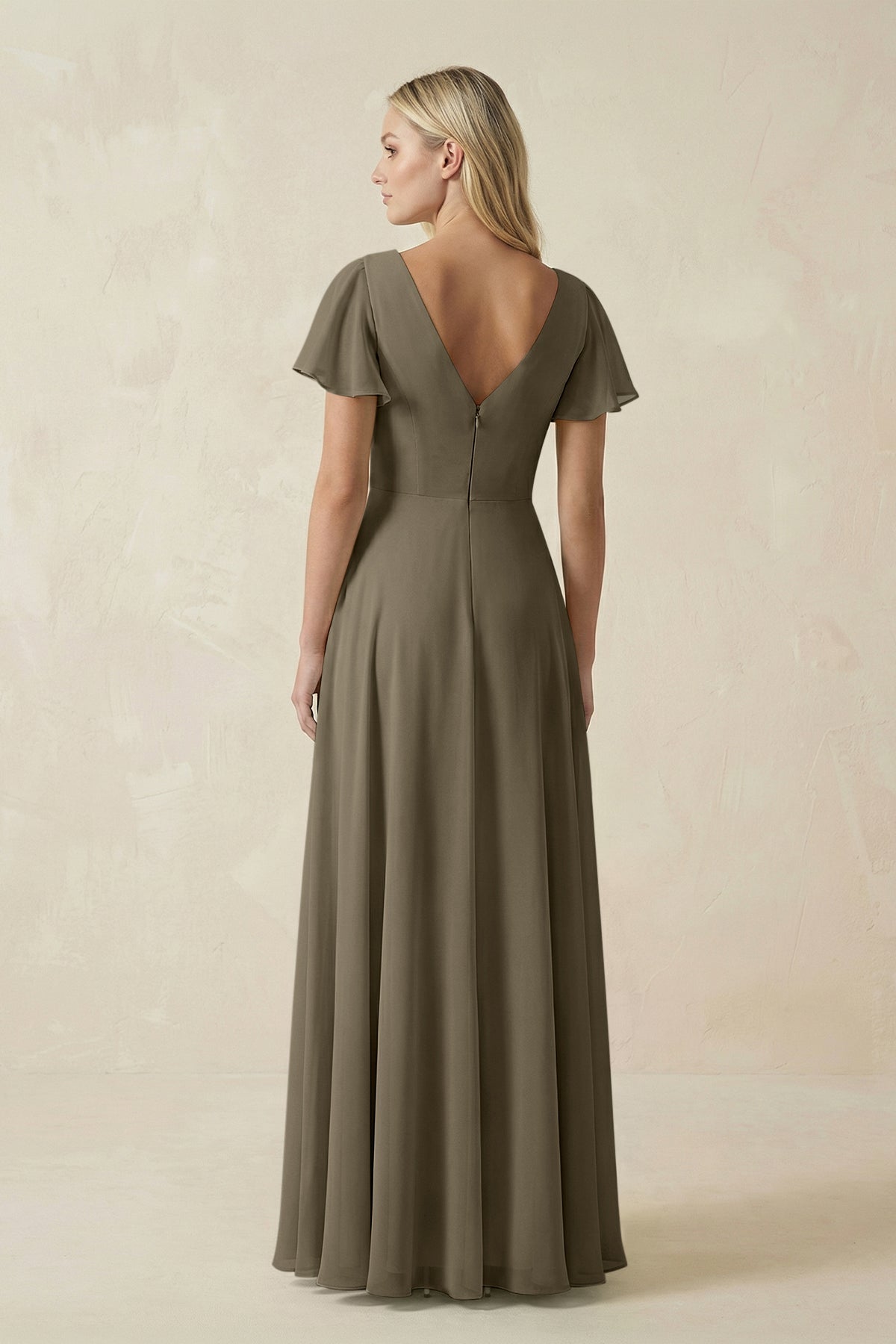 V-Neck Flutter Sleeve A-Line Chiffon Bridesmaid Dress in Willow Green
