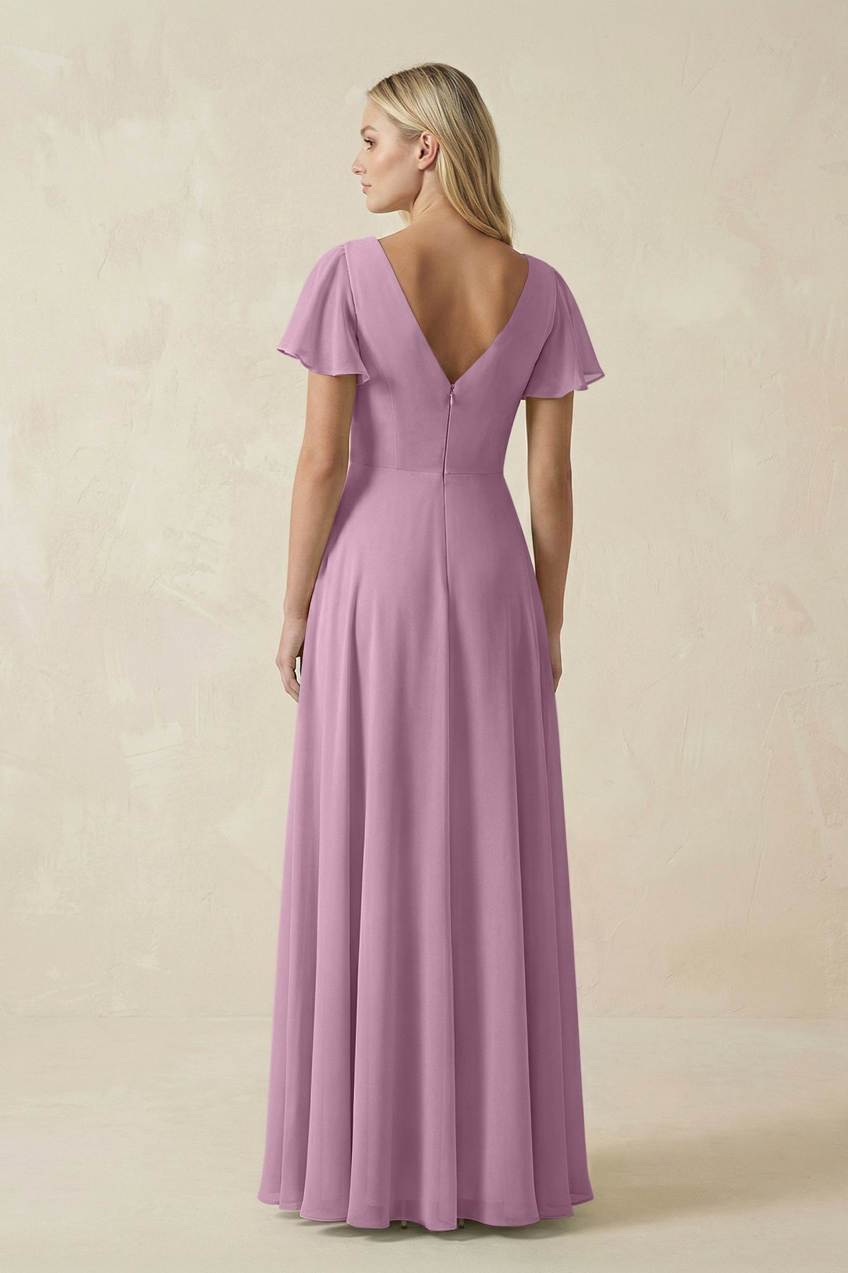 V-Neck Flutter Sleeve A-Line Chiffon Bridesmaid Dress in Wisteria