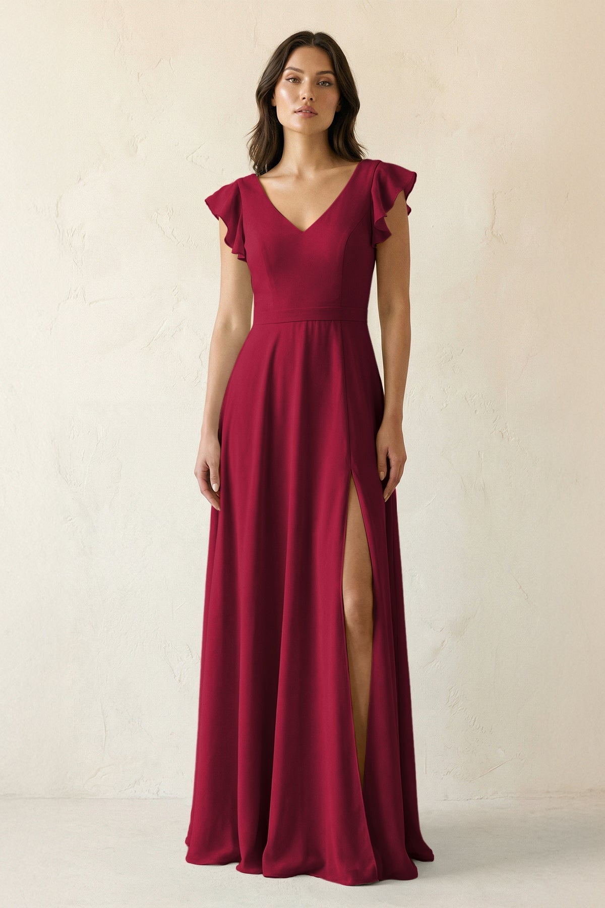 V-Neck Ruffled A-Line Chiffon Bridesmaid Dress in Berry