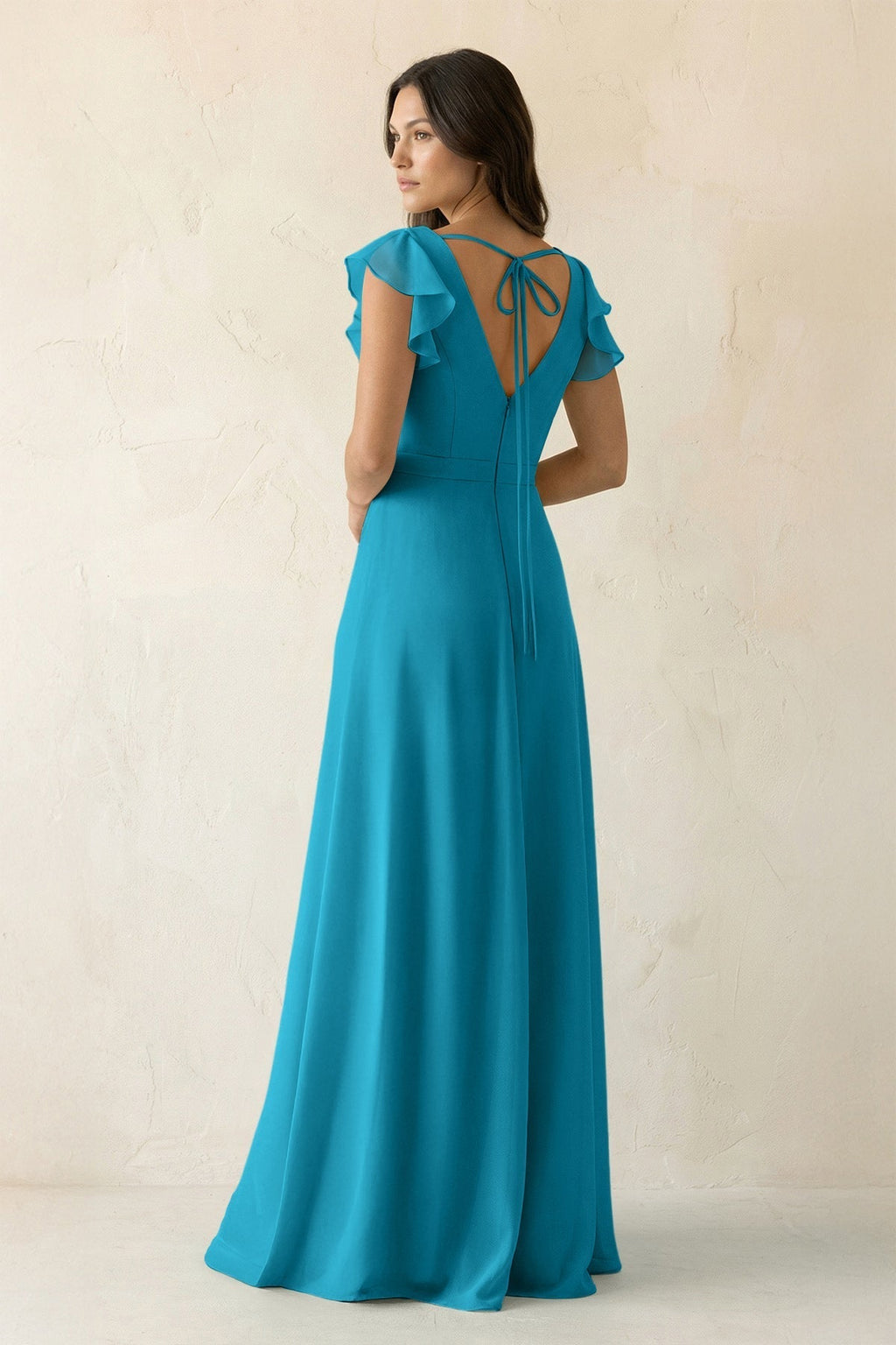 V-Neck Ruffled A-Line Chiffon Bridesmaid Dress in Blue Jay