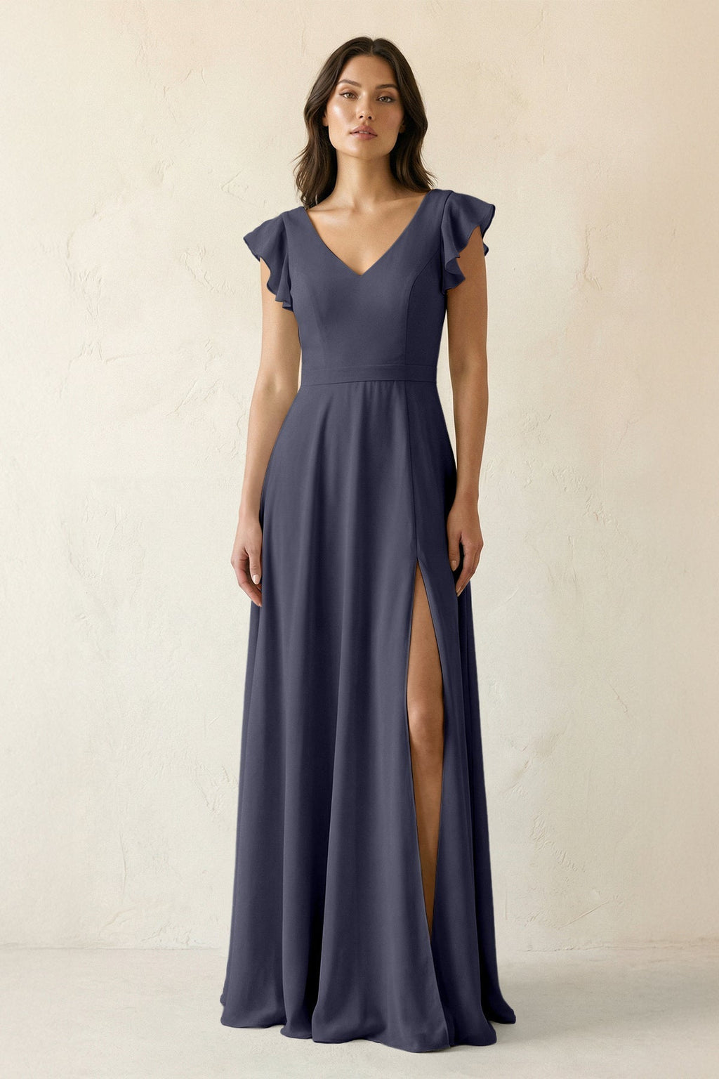 V-Neck Ruffled A-Line Chiffon Bridesmaid Dress in Dusk Blue