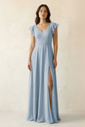 V-Neck Ruffled A-Line Chiffon Bridesmaid Dress in Dusty Blue