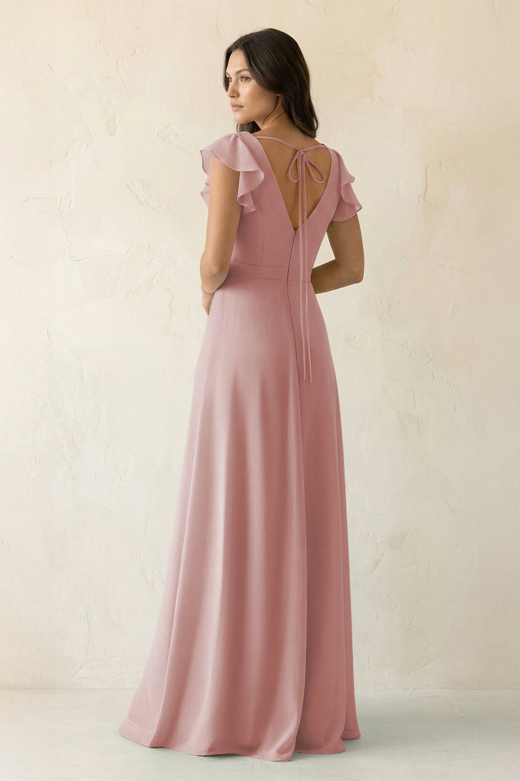 V-Neck Ruffled A-Line Chiffon Bridesmaid Dress in Dusty Rose