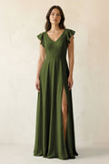 V-Neck Ruffled A-Line Chiffon Bridesmaid Dress in Olive