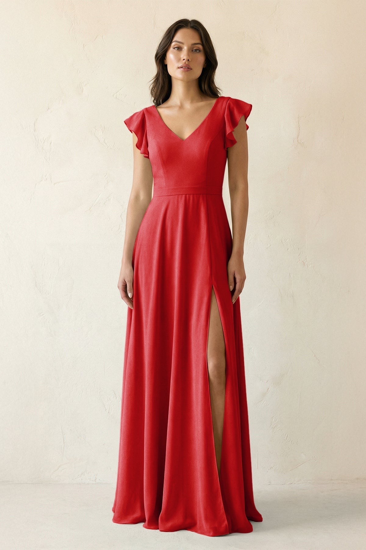 V-Neck Ruffled A-Line Chiffon Bridesmaid Dress in Ruby Red