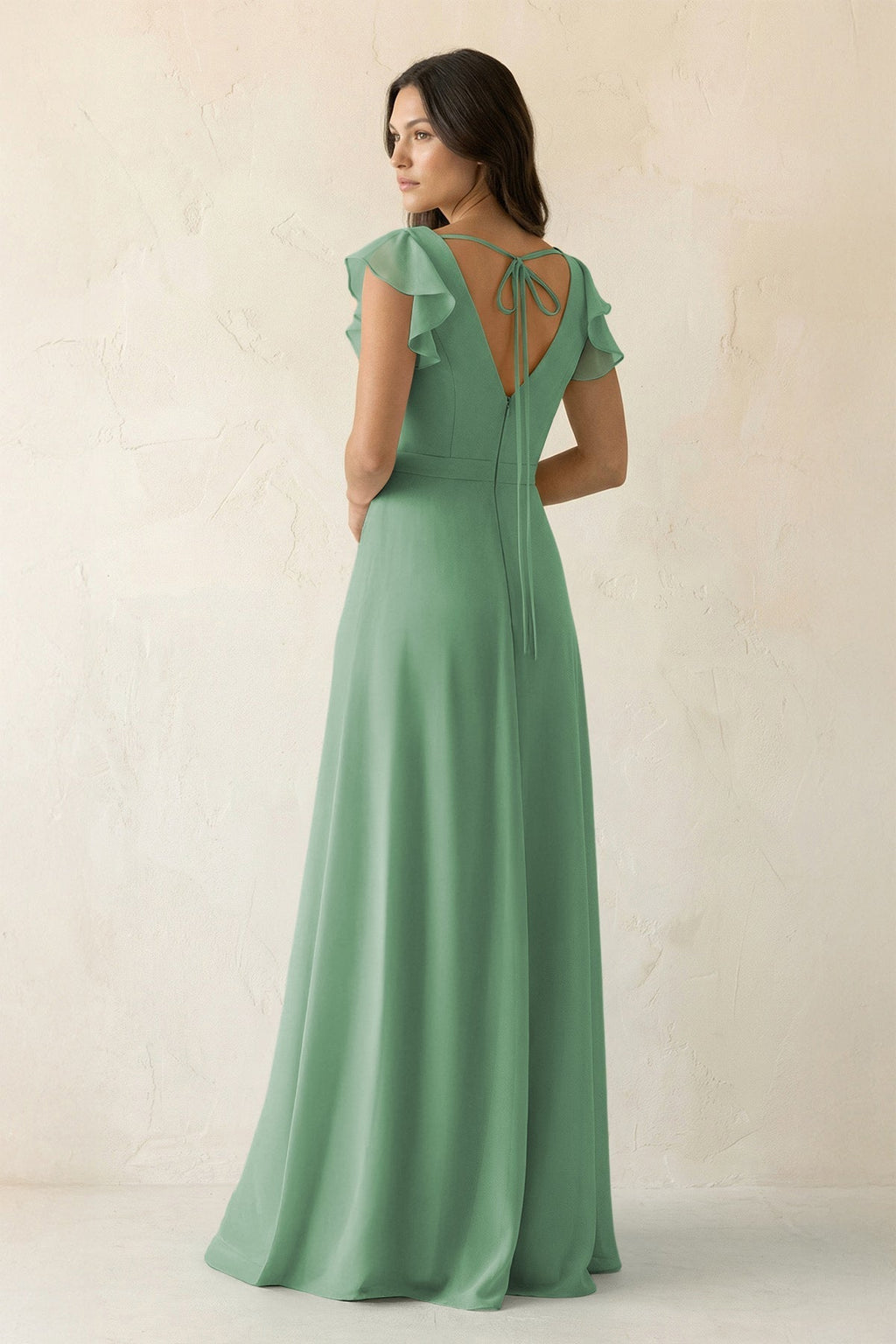 V-Neck Ruffled A-Line Chiffon Bridesmaid Dress in Sea Glass