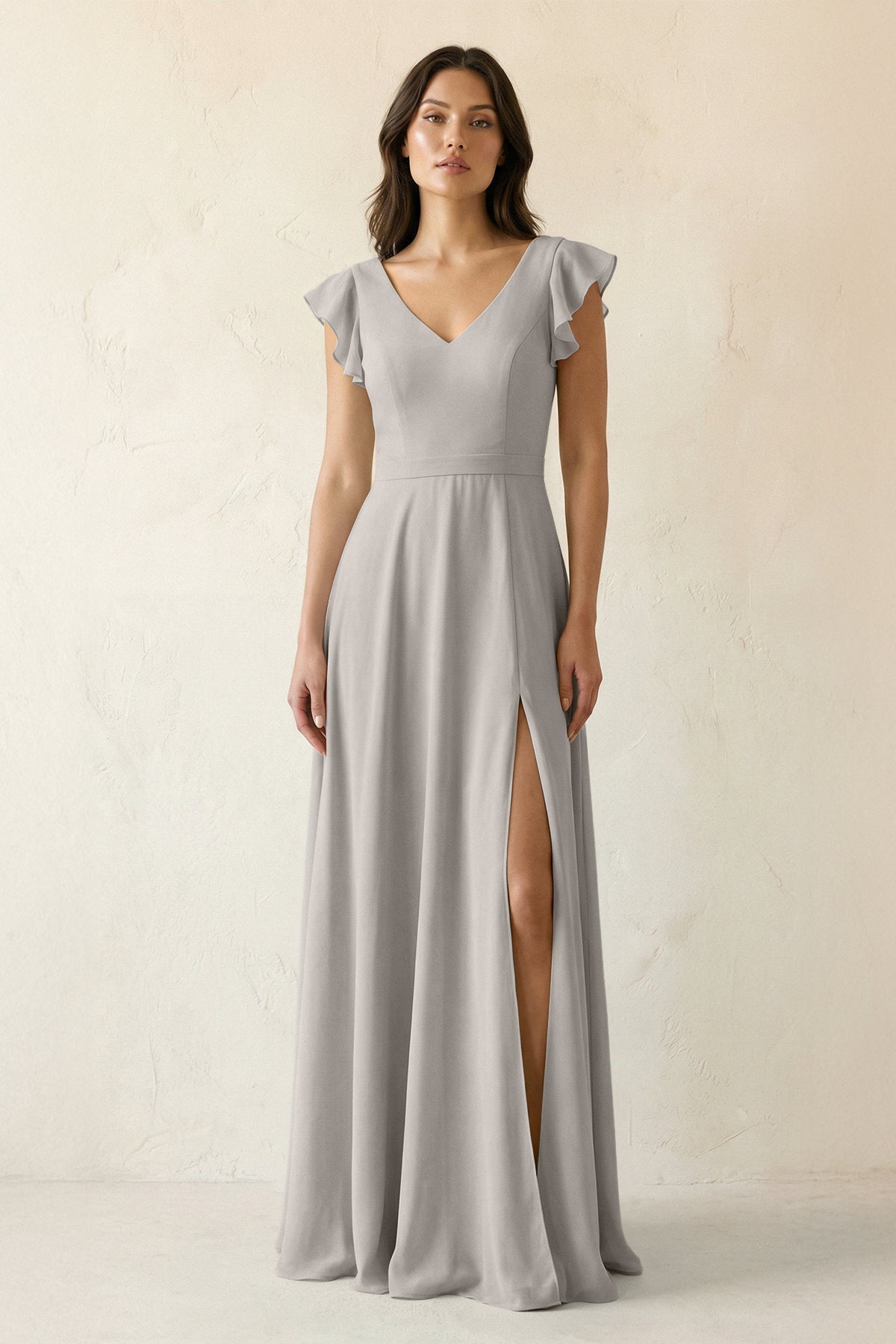 V-Neck Ruffled A-Line Chiffon Bridesmaid Dress in Silver