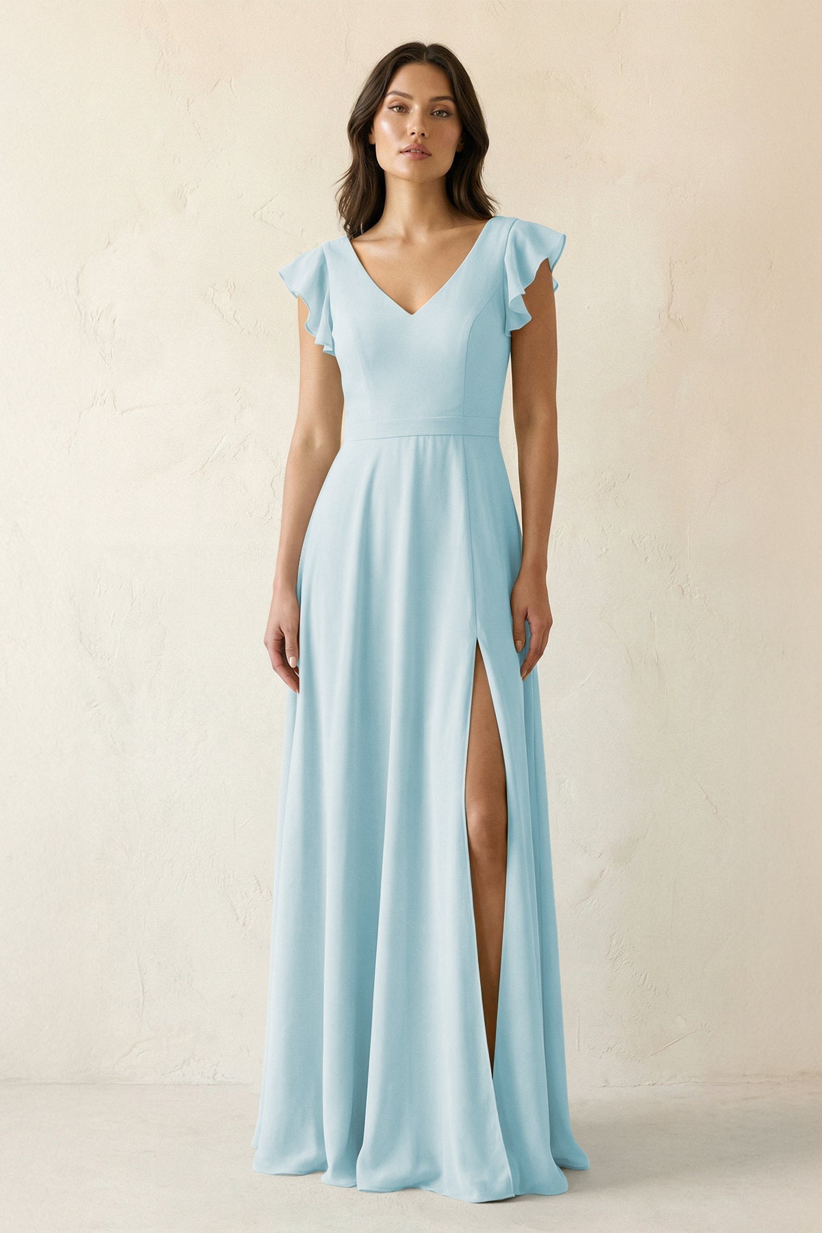V-Neck Ruffled A-Line Chiffon Bridesmaid Dress in Sky Blue