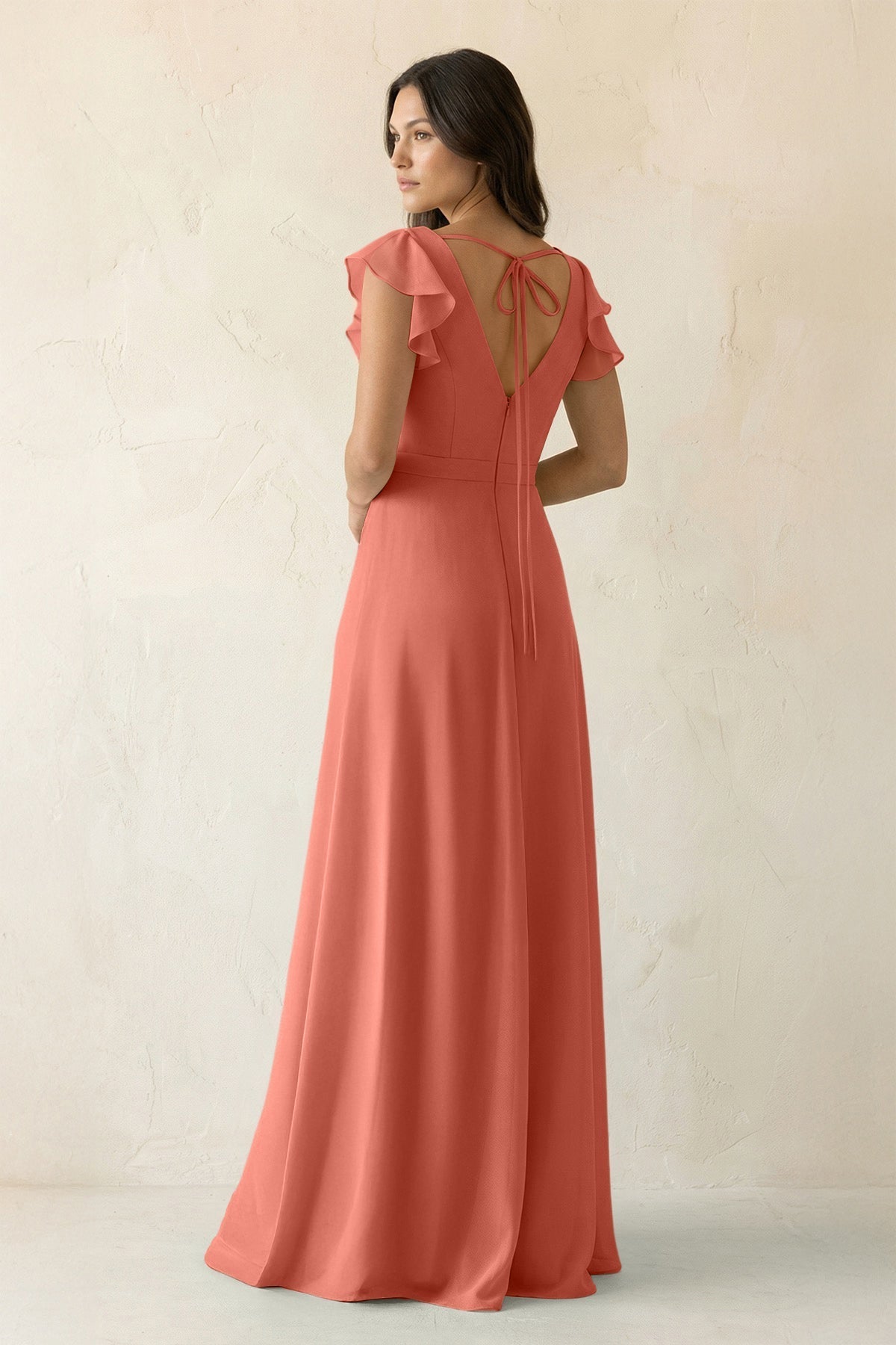 V-Neck Ruffled A-Line Chiffon Bridesmaid Dress in Wild Rose