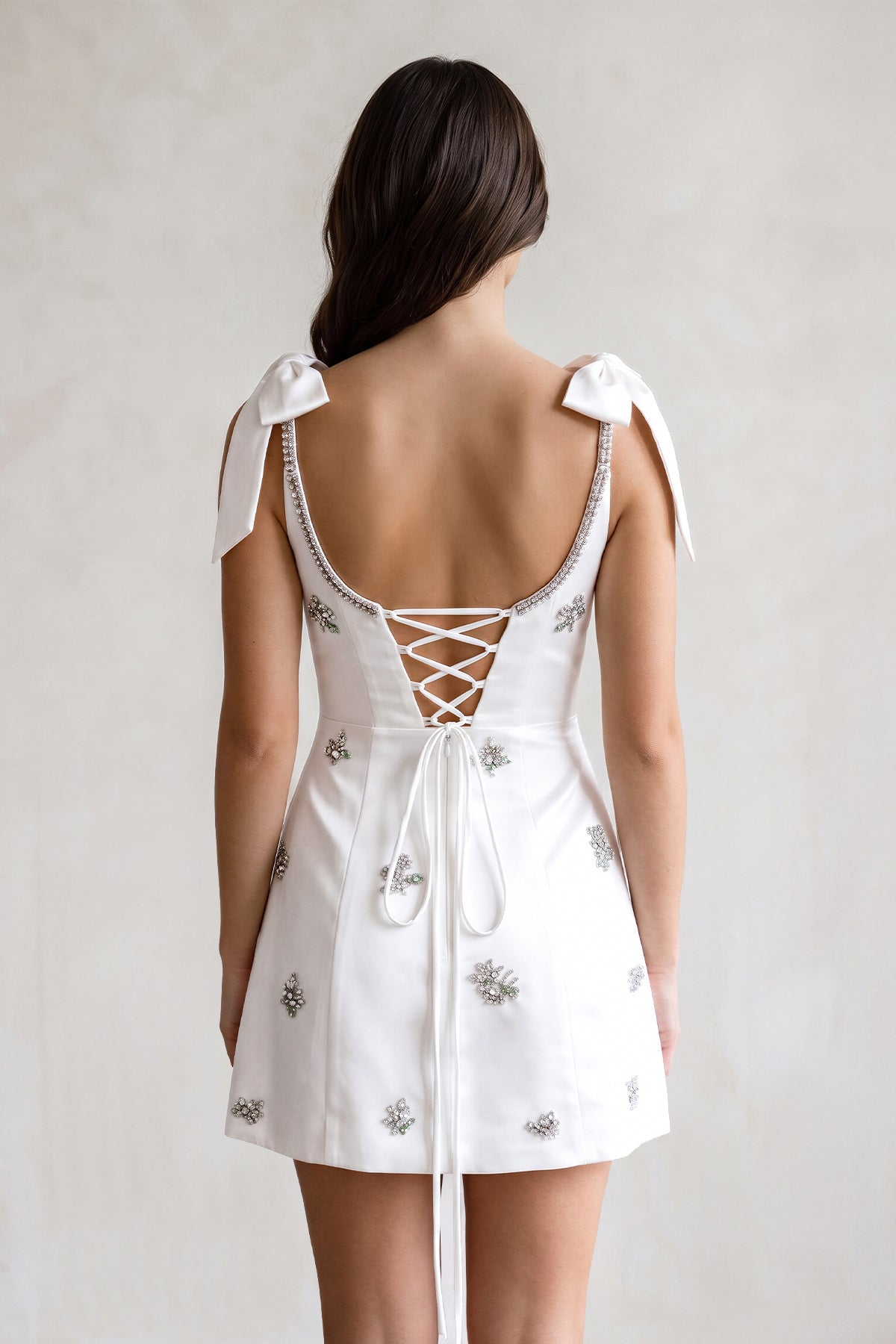 White Scoop Neck A-Line Satin Beaded Homecoming Dress with Bow