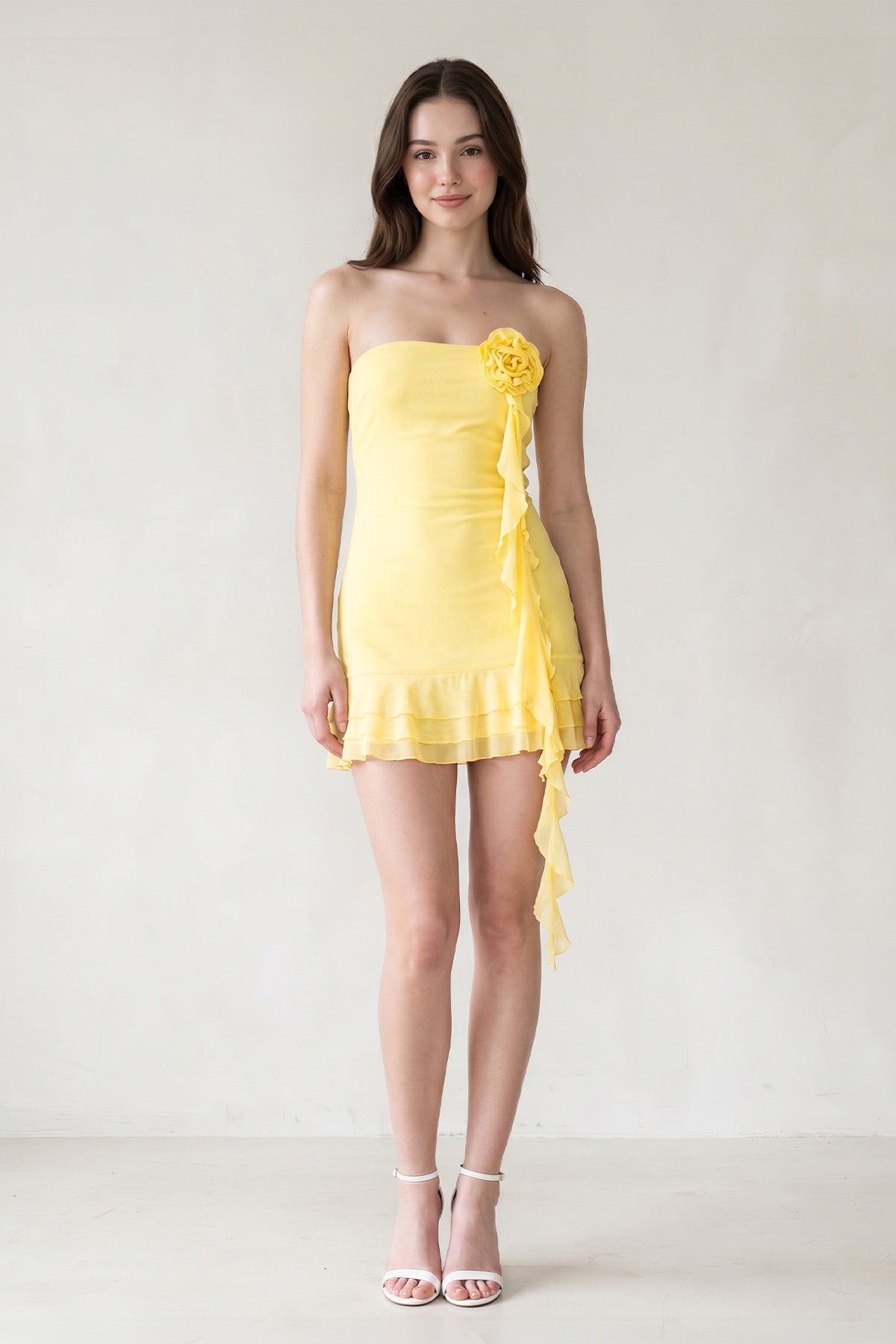Yellow Chiffon 3D Flower Homecoming Dress With Ribbon