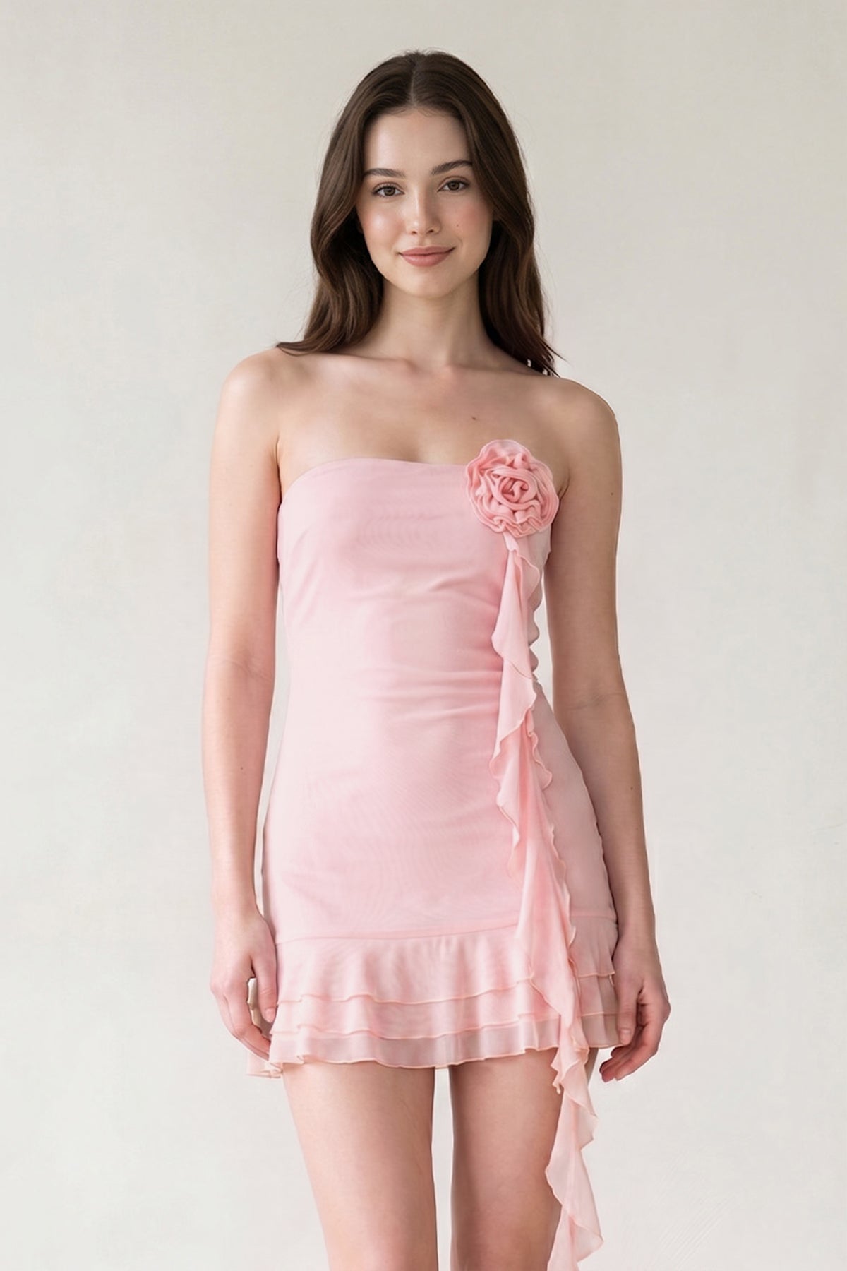 Yellow Chiffon 3D Flower Homecoming Dress With Ribbon