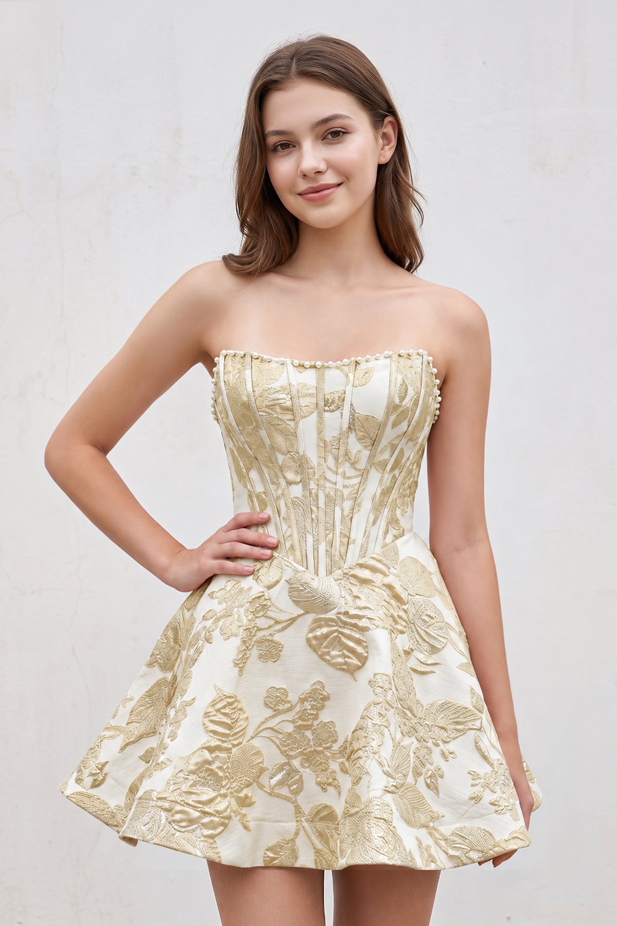 Pink Jacquard A-Line Strapless Corset Homecoming Dress With Pearl