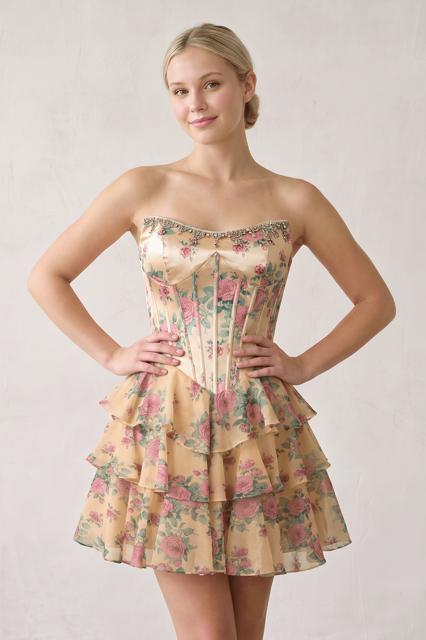 Pink Strapless A-Line Floral Corset Homecoming Dress
