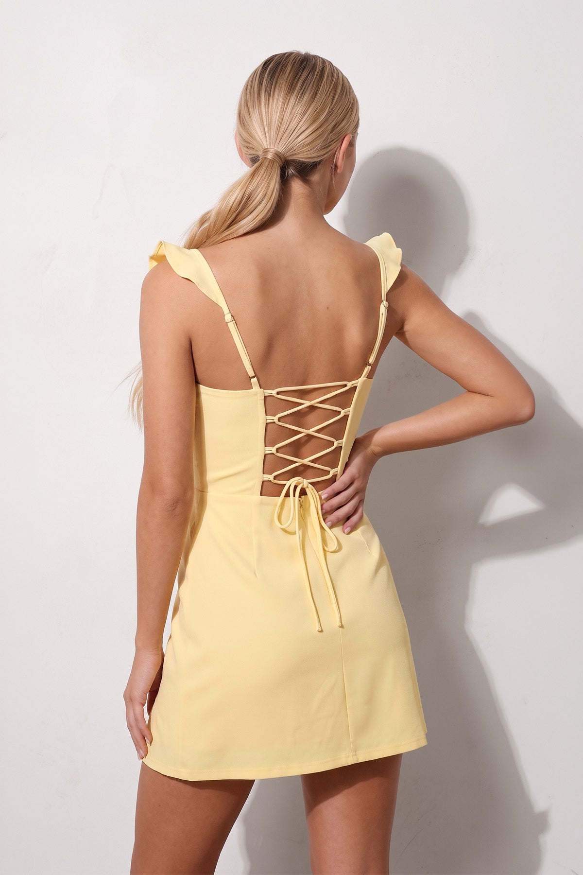 Yellow Sweetheart Sheath Ruffled Linen Homecoming Dress With Slit