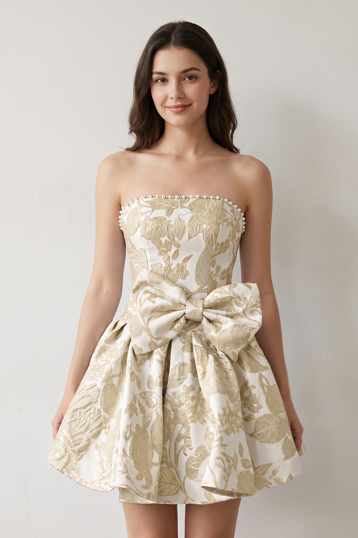 Blue Flower Jacquard Strapless A-Line Bowknot Homecoming Dress With Pearl